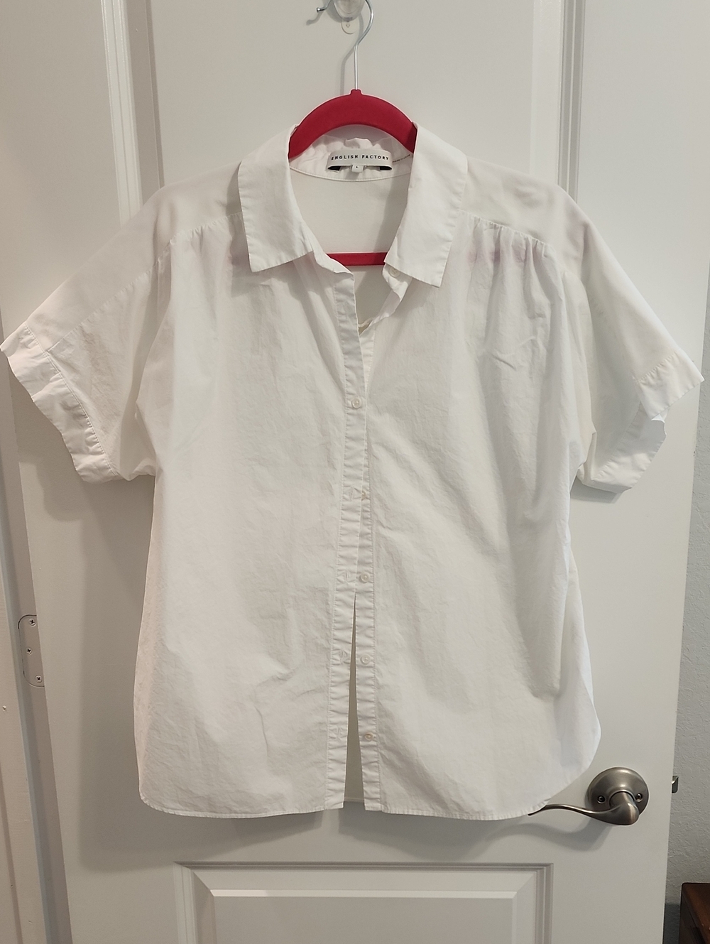English Factory White Short-Sleeve Button Down Mixed Media Textile Shirt Large